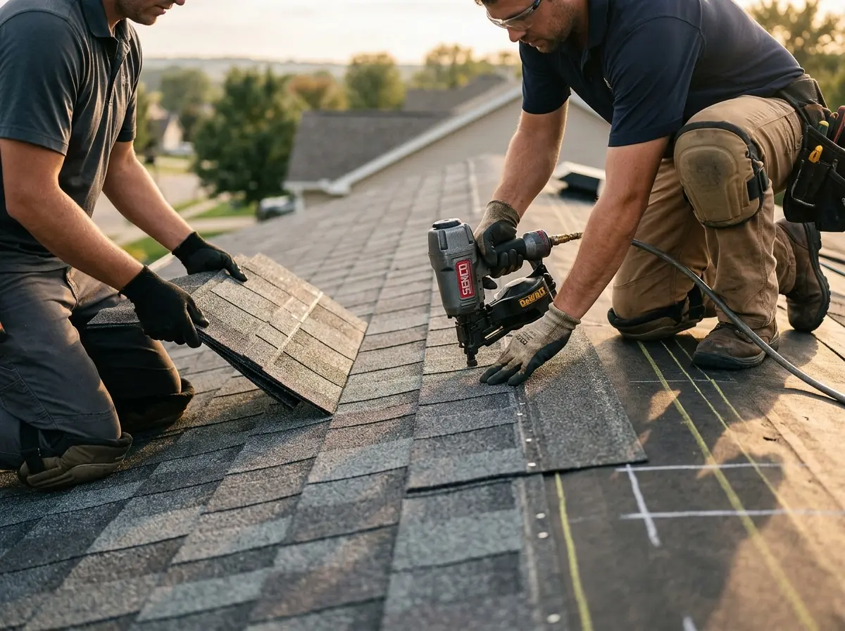 Professional roofer working on a residential roof in Franklin Park